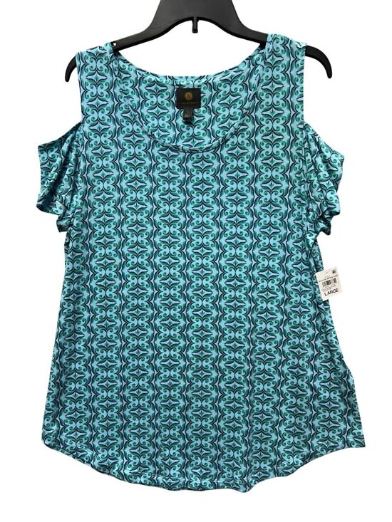JM Collection Tops - JM Collection Womens Large Blue & Green Cold Shoulder Top Geometric Print Rayon